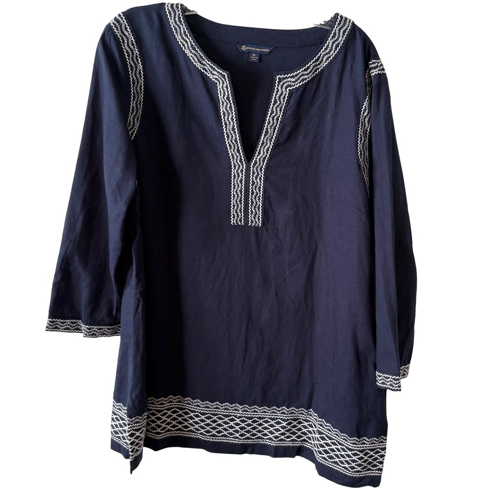 Brooks Brothers Navy and White Linen Cotton Embroidered Tunic Top in Size XL